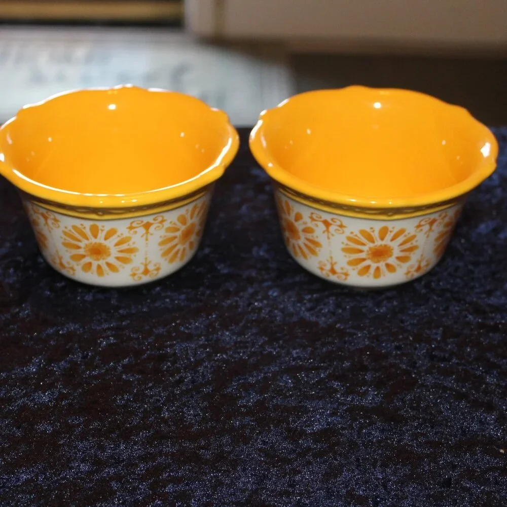 Pioneer Woman Ramekin Stoneware - Yellow Floral Burst Design -Set 2